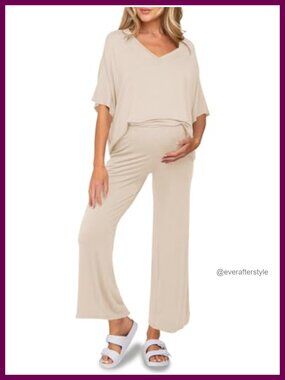 Maternity Pajamas 2 Piece Lounge Set Short Sleeve V Neck Tee Cropped Pants